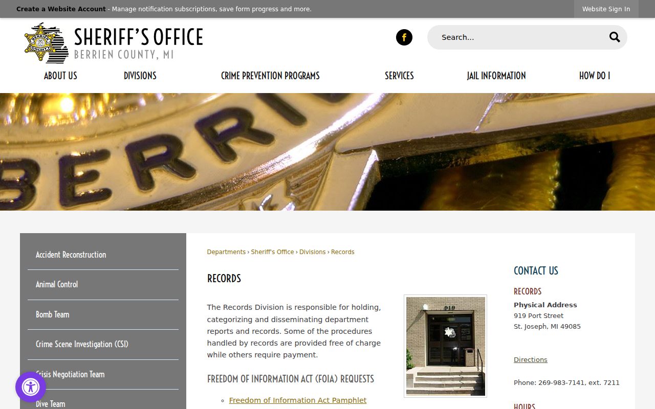 Berrien County criminal records Sheriff Records Division page