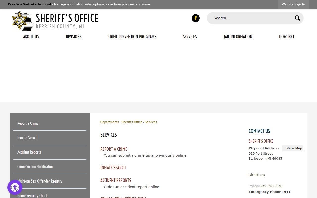 Berrien County arrest records and Sheriff services page